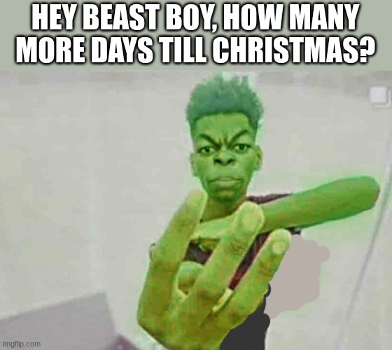 Christmas is so close! | HEY BEAST BOY, HOW MANY MORE DAYS TILL CHRISTMAS? | image tagged in beast boy holding up 4 fingers | made w/ Imgflip meme maker