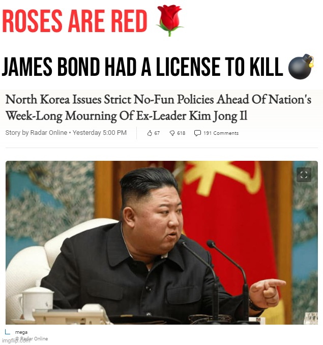 No fun for you! | Roses are red 🌹; James Bond had a license to kill 💣 | image tagged in no fun for you,kim jong un,kim jong-un,kim jong un sad,roses are red,north korea | made w/ Imgflip meme maker