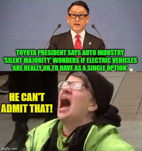 Yeah he can . . . even if you leftists TRY to destroy him as a result. | TOYOTA PRESIDENT SAYS AUTO INDUSTRY 'SILENT MAJORITY' WONDERS IF ELECTRIC VEHICLES 'ARE REALLY OK TO HAVE AS A SINGLE OPTION'. HE CAN'T ADMIT THAT! | image tagged in truth | made w/ Imgflip meme maker