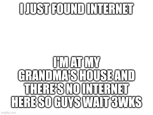 Announcement | I'M AT MY GRANDMA'S HOUSE AND THERE'S NO INTERNET HERE SO GUYS WAIT 3WKS; I JUST FOUND INTERNET | image tagged in yes,fi,fun | made w/ Imgflip meme maker