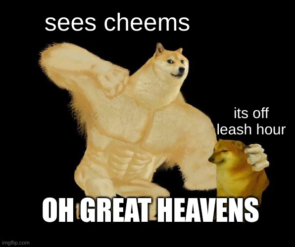 buff doge punching cheems | sees cheems; its off leash hour; OH GREAT HEAVENS | image tagged in buff doge punching cheems | made w/ Imgflip meme maker