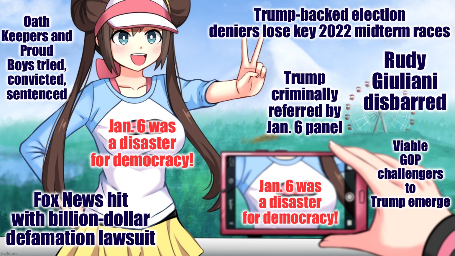 anime boobs | Jan. 6 was a disaster for democracy! Jan. 6 was a disaster for democracy! Rudy Giuliani disbarred Fox News hit with billion-dollar defamatio | image tagged in anime boobs | made w/ Imgflip meme maker