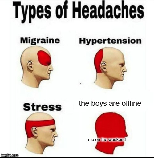 Types of Headaches meme | the boys are offline; me on the weekend | image tagged in types of headaches meme | made w/ Imgflip meme maker