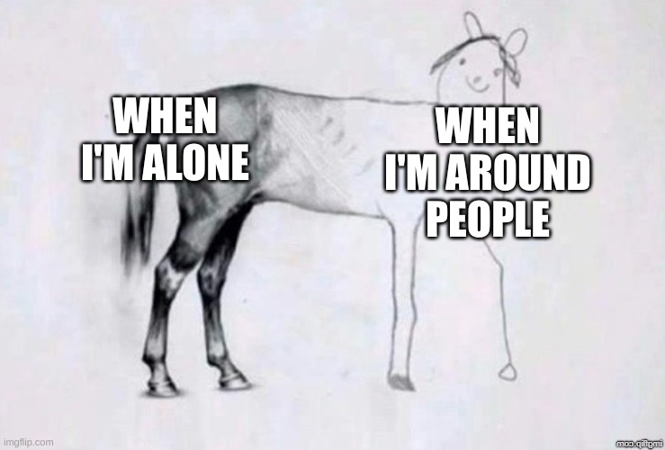 Horse Drawing | WHEN I'M ALONE; WHEN I'M AROUND PEOPLE | image tagged in horse drawing | made w/ Imgflip meme maker