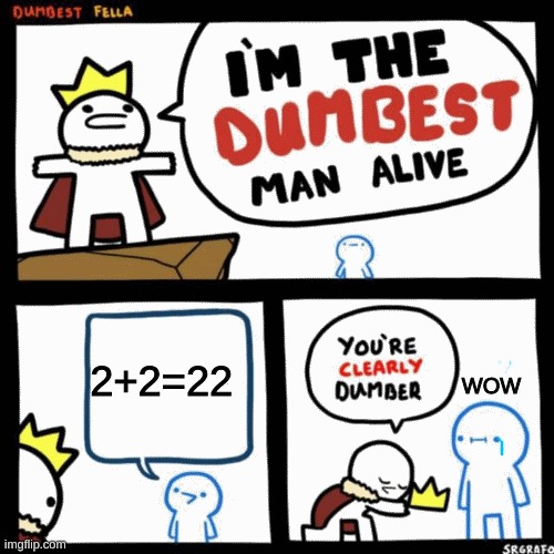 I'm the dumbest man alive | 2+2=22; WOW | image tagged in i'm the dumbest man alive | made w/ Imgflip meme maker