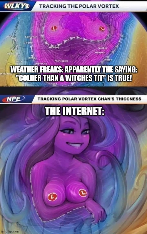 Apparently the saying is true | WEATHER FREAKS: APPARENTLY THE SAYING:
"COLDER THAN A WITCHES TIT" IS TRUE! THE INTERNET: | image tagged in funny,weather,cold weather,boobs | made w/ Imgflip meme maker