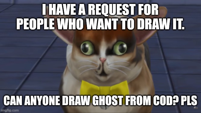 You don't have to if you don't want to :> | I HAVE A REQUEST FOR PEOPLE WHO WANT TO DRAW IT. CAN ANYONE DRAW GHOST FROM COD? PLS | image tagged in spleens the cat | made w/ Imgflip meme maker