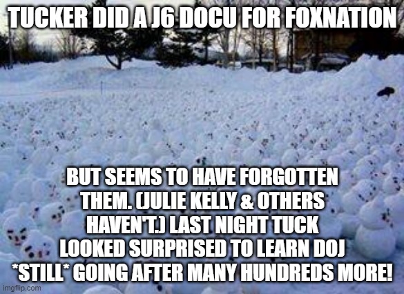 j6 political prisoners | TUCKER DID A J6 DOCU FOR FOXNATION; BUT SEEMS TO HAVE FORGOTTEN THEM. (JULIE KELLY & OTHERS HAVEN'T.) LAST NIGHT TUCK LOOKED SURPRISED TO LEARN DOJ *STILL* GOING AFTER MANY HUNDREDS MORE! | image tagged in million snowman march | made w/ Imgflip meme maker