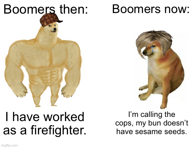 Buff Doge vs. Cheems Meme | Boomers then:; Boomers now:; I have worked as a firefighter. I’m calling the cops, my bun doesn’t have sesame seeds. | image tagged in memes,buff doge vs cheems | made w/ Imgflip meme maker