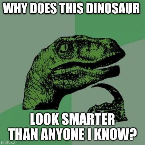 Philosoraptor | WHY DOES THIS DINOSAUR; LOOK SMARTER THAN ANYONE I KNOW? | image tagged in memes,philosoraptor | made w/ Imgflip meme maker