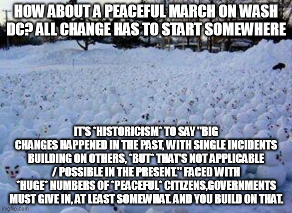 not much to lose | HOW ABOUT A PEACEFUL MARCH ON WASH DC? ALL CHANGE HAS TO START SOMEWHERE; IT'S *HISTORICISM* TO SAY "BIG CHANGES HAPPENED IN THE PAST, WITH SINGLE INCIDENTS BUILDING ON OTHERS, *BUT* THAT'S NOT APPLICABLE / POSSIBLE IN THE PRESENT." FACED WITH *HUGE* NUMBERS OF *PEACEFUL* CITIZENS,GOVERNMENTS MUST GIVE IN, AT LEAST SOMEWHAT. AND YOU BUILD ON THAT. | image tagged in million snowman march | made w/ Imgflip meme maker