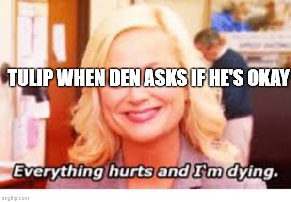 Everything hurts and I'm dying | TULIP WHEN DEN ASKS IF HE'S OKAY | image tagged in everything hurts and i'm dying | made w/ Imgflip meme maker