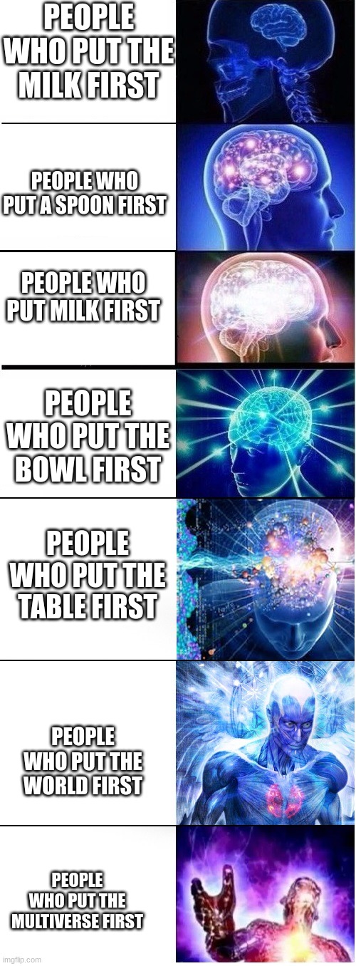 Expanding brain extended 2 | PEOPLE WHO PUT THE MILK FIRST PEOPLE WHO PUT A SPOON FIRST PEOPLE WHO PUT MILK FIRST PEOPLE WHO PUT THE BOWL FIRST PEOPLE WHO PUT THE TABLE  | image tagged in expanding brain extended 2 | made w/ Imgflip meme maker