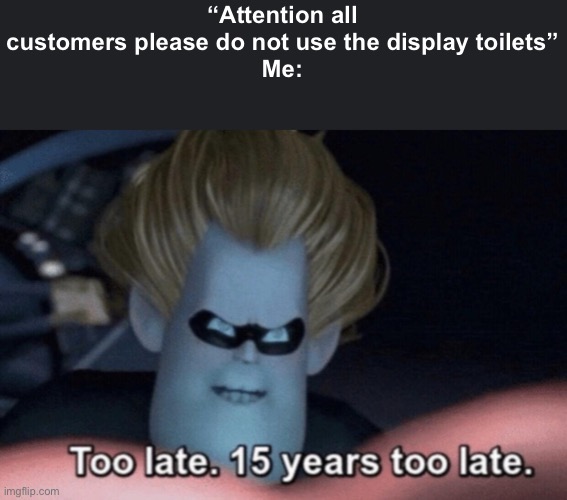 Too Late | “Attention all customers please do not use the display toilets”
Me: | image tagged in too late | made w/ Imgflip meme maker