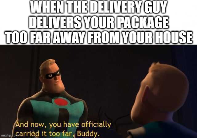 And now you have officially carried it too far buddy | WHEN THE DELIVERY GUY DELIVERS YOUR PACKAGE TOO FAR AWAY FROM YOUR HOUSE | image tagged in and now you have officially carried it too far buddy,memes,anti meme | made w/ Imgflip meme maker