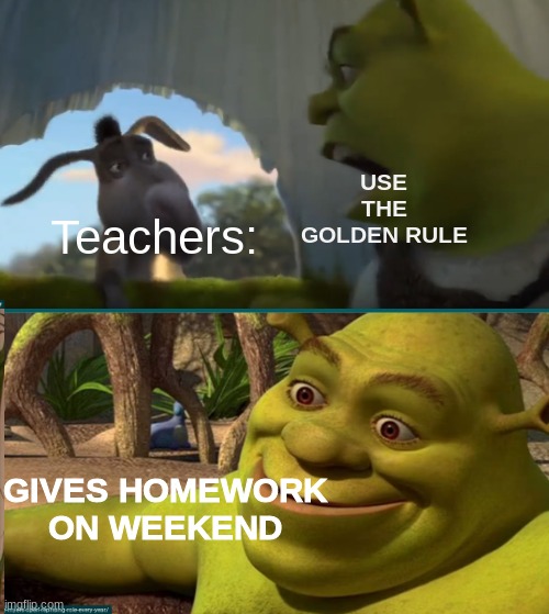 School | USE THE GOLDEN RULE; Teachers:; GIVES HOMEWORK ON WEEKEND | image tagged in andybeav shrek sch001 sucks | made w/ Imgflip meme maker