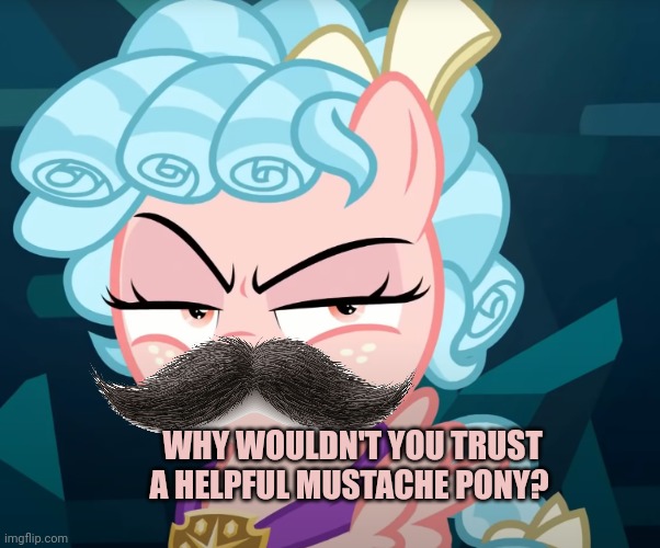 Cozy Glow Is Mad | WHY WOULDN'T YOU TRUST A HELPFUL MUSTACHE PONY? | image tagged in cozy glow is mad | made w/ Imgflip meme maker