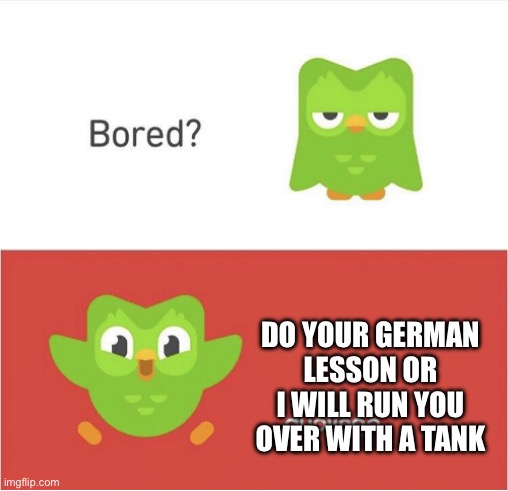 DUOLINGO BORED | DO YOUR GERMAN LESSON OR I WILL RUN YOU OVER WITH A TANK | image tagged in duolingo bored | made w/ Imgflip meme maker