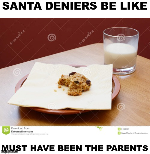 santa deniers be like | SANTA DENIERS BE LIKE; MUST HAVE BEEN THE PARENTS | image tagged in merry christmas | made w/ Imgflip meme maker