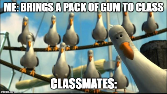 Nemo Seagulls Mine | ME: BRINGS A PACK OF GUM TO CLASS; CLASSMATES: | image tagged in nemo seagulls mine,memes,school,gum | made w/ Imgflip meme maker