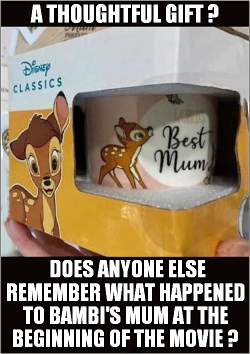 Who Would Buy This ? | A THOUGHTFUL GIFT ? DOES ANYONE ELSE REMEMBER WHAT HAPPENED TO BAMBI'S MUM AT THE BEGINNING OF THE MOVIE ? | image tagged in gifts,bambi,dark humour | made w/ Imgflip meme maker