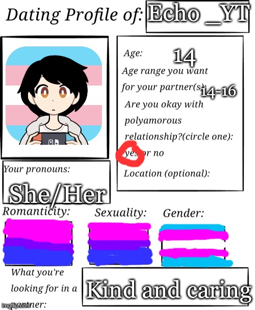 Dating profile | Echo _YT; 14; 14-16; She/Her; Kind and caring | image tagged in dating profile | made w/ Imgflip meme maker