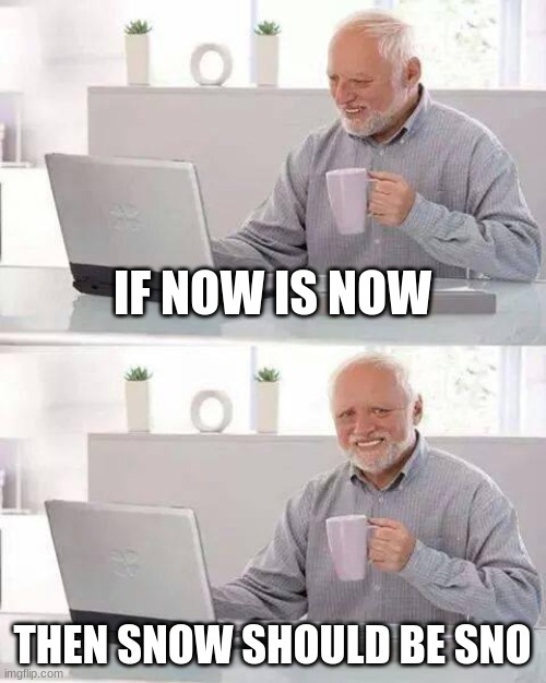 i hate this | IF NOW IS NOW; THEN SNOW SHOULD BE SNO | image tagged in memes,hide the pain harold | made w/ Imgflip meme maker