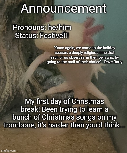 Announcement; Pronouns: he/him
Status: Festive!!! "Once again, we come to the holiday season, a deeply religious time that each of us observes, in their own way, by going to the mall of their choice" - Dave Barry; My first day of Christmas break! Been trying to learn a bunch of Christmas songs on my trombone, it's harder than you'd think... | image tagged in announcement,holidays | made w/ Imgflip meme maker