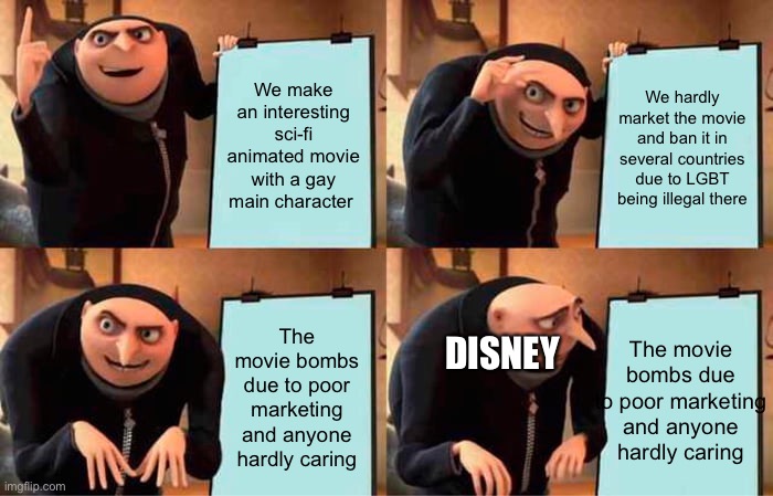 Disney is a terrible company | We make an interesting sci-fi animated movie with a gay main character; We hardly market the movie and ban it in several countries due to LGBT being illegal there; The movie bombs due to poor marketing and anyone hardly caring; The movie bombs due to poor marketing and anyone hardly caring; DISNEY | image tagged in memes,gru's plan | made w/ Imgflip meme maker