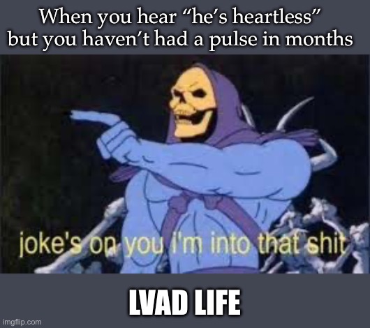 VAD life | When you hear “he’s heartless” but you haven’t had a pulse in months; LVAD LIFE | image tagged in jokes on you im into that shit,heartless,broken heart | made w/ Imgflip meme maker