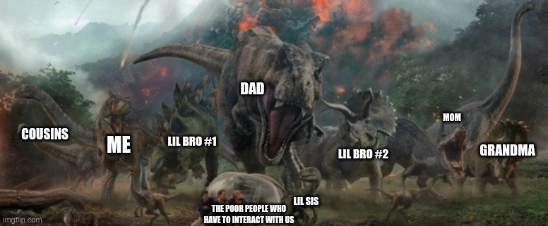 DAD; MOM; COUSINS; LIL BRO #1; ME; GRANDMA; LIL BRO #2; LIL SIS; THE POOR PEOPLE WHO HAVE TO INTERACT WITH US | made w/ Imgflip meme maker