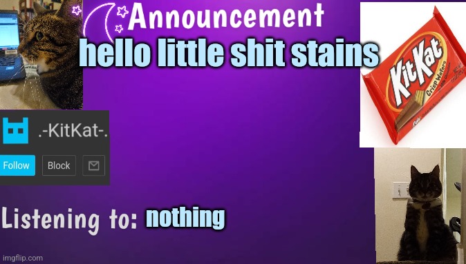 Kitty's announcment temp V3 | hello little shit stains; nothing | image tagged in kitty's announcment temp v3 | made w/ Imgflip meme maker