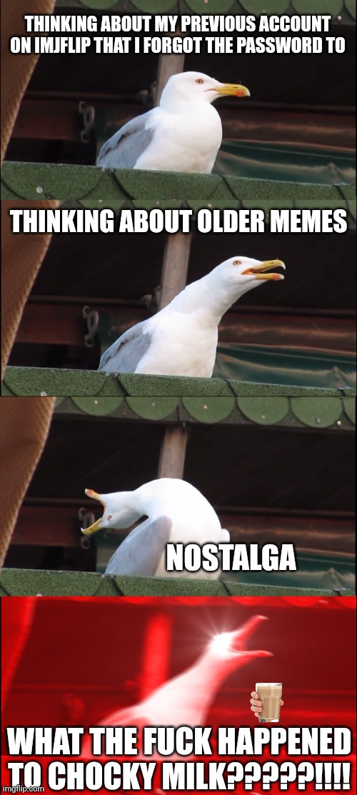 Wahhhhh | THINKING ABOUT MY PREVIOUS ACCOUNT ON IMJFLIP THAT I FORGOT THE PASSWORD TO; THINKING ABOUT OLDER MEMES; NOSTALGA; WHAT THE FUCK HAPPENED TO CHOCKY MILK?????!!!! | image tagged in memes,inhaling seagull | made w/ Imgflip meme maker