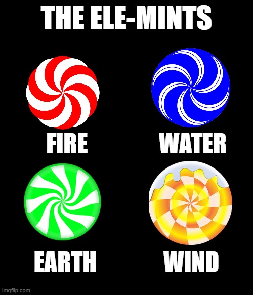 The ele-mints | THE ELE-MINTS; FIRE                WATER; EARTH               WIND | image tagged in elements,mint,mints,candy | made w/ Imgflip meme maker