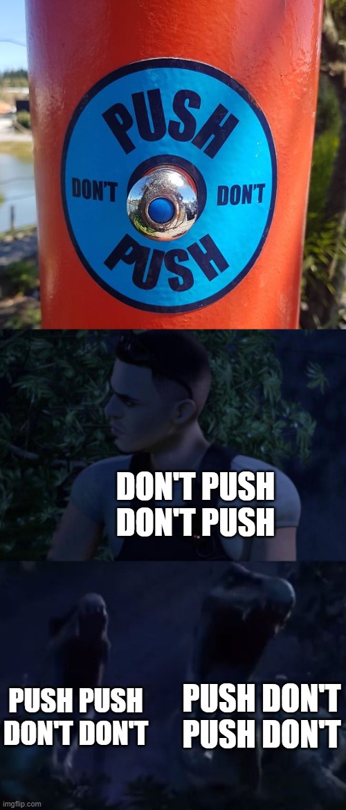 Push push don't don't | DON'T PUSH
DON'T PUSH; PUSH DON'T PUSH DON'T; PUSH PUSH DON'T DON'T | image tagged in reed's death,push,button | made w/ Imgflip meme maker