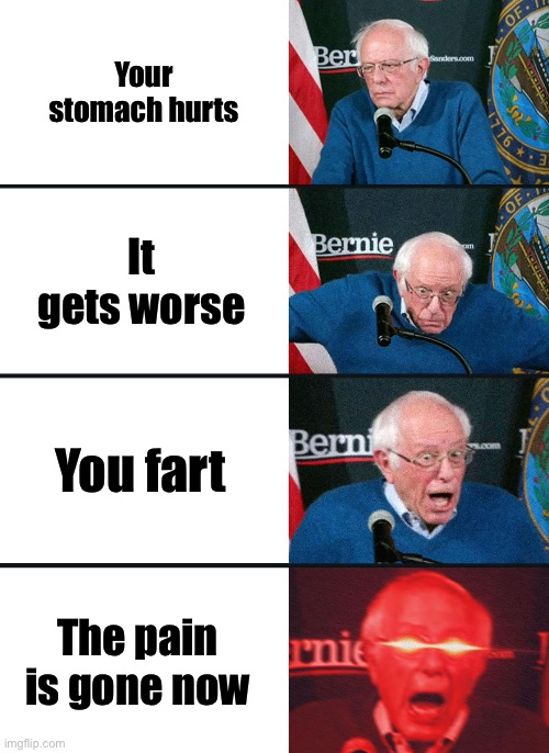 Bernie Sanders reaction (nuked) | Your stomach hurts; It gets worse; You fart; The pain is gone now | image tagged in bernie sanders reaction nuked | made w/ Imgflip meme maker