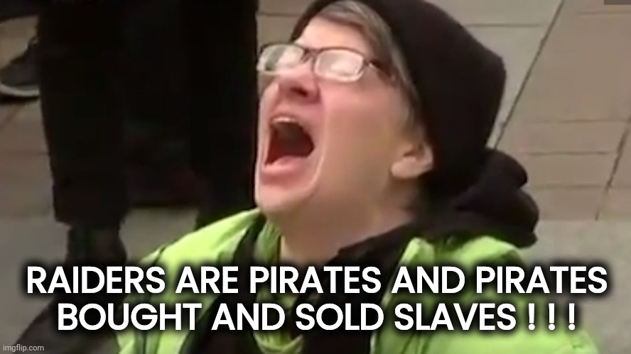 Screaming Liberal  | RAIDERS ARE PIRATES AND PIRATES
BOUGHT AND SOLD SLAVES ! ! ! | image tagged in screaming liberal | made w/ Imgflip meme maker
