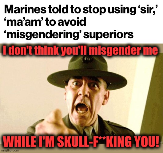 Ridiculous: a $2 million University of Pittsburgh report on how to further tear down our military | I don't think you'll misgender me; WHILE I'M SKULL-F**KING YOU! | image tagged in drill instructor,marines,us military,sir,democrats,joe biden | made w/ Imgflip meme maker