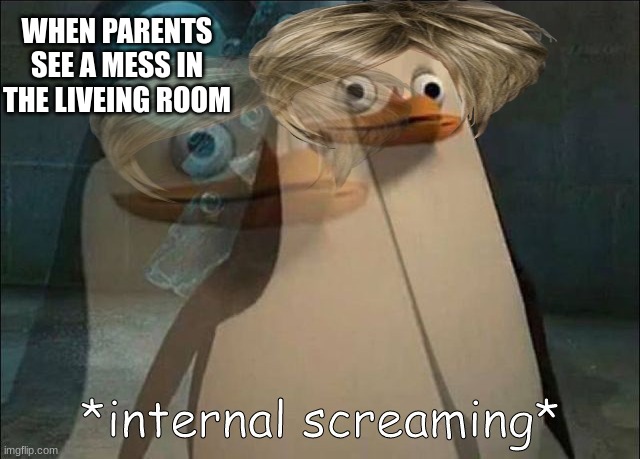 Private Internal Screaming | WHEN PARENTS SEE A MESS IN THE LIVEING ROOM | image tagged in private internal screaming | made w/ Imgflip meme maker