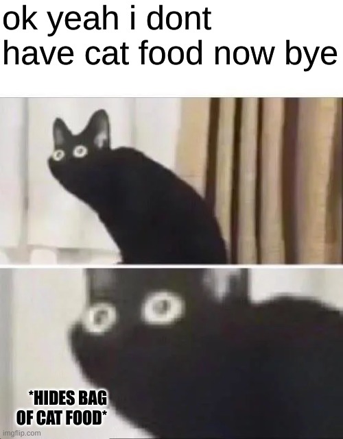 Oh No Black Cat | ok yeah i dont have cat food now bye *HIDES BAG OF CAT FOOD* | image tagged in oh no black cat | made w/ Imgflip meme maker