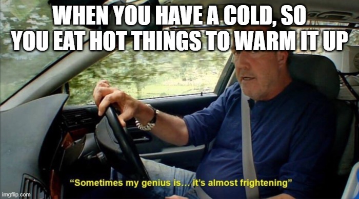 made this in december | WHEN YOU HAVE A COLD, SO YOU EAT HOT THINGS TO WARM IT UP | image tagged in sometimes my genius is it's almost frightening,cold,sick | made w/ Imgflip meme maker