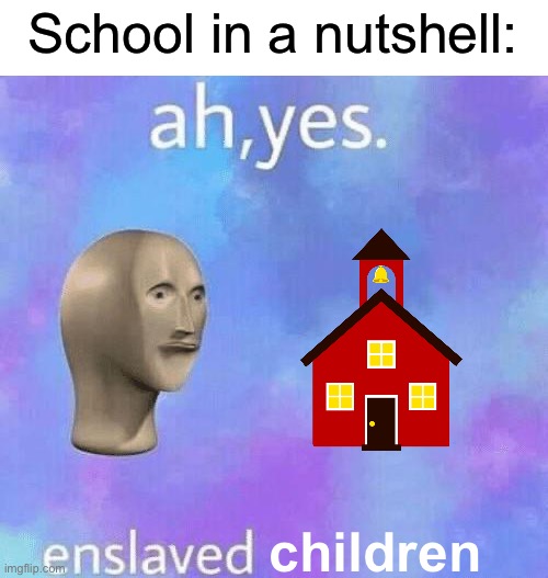 It’s literal prison like wtf | School in a nutshell:; children | image tagged in ah yes enslaved,memes,funny,school,relatable memes,prison | made w/ Imgflip meme maker