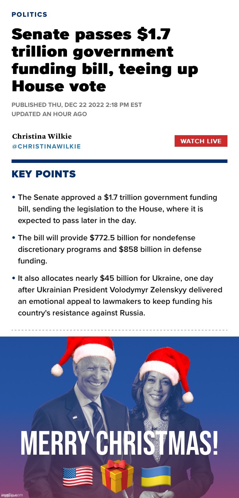 We stand with Ukraine. Merry Christmas. :) | Merry Christmas! 🇺🇸 🎁 🇺🇦 | image tagged in senate christmas bill,biden harris santa hats,merry christmas,ukraine,ukrainian lives matter,joe biden | made w/ Imgflip meme maker