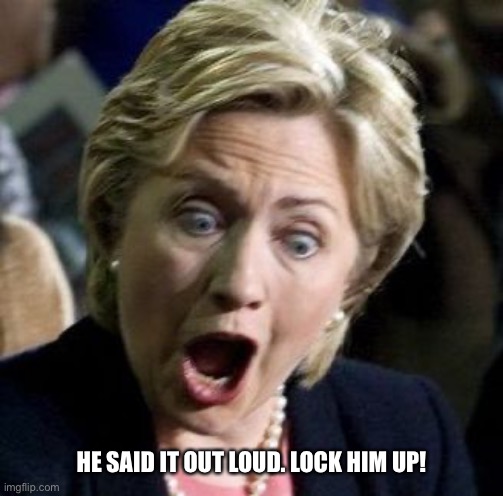 Shocked Hillary | HE SAID IT OUT LOUD. LOCK HIM UP! | image tagged in shocked hillary | made w/ Imgflip meme maker