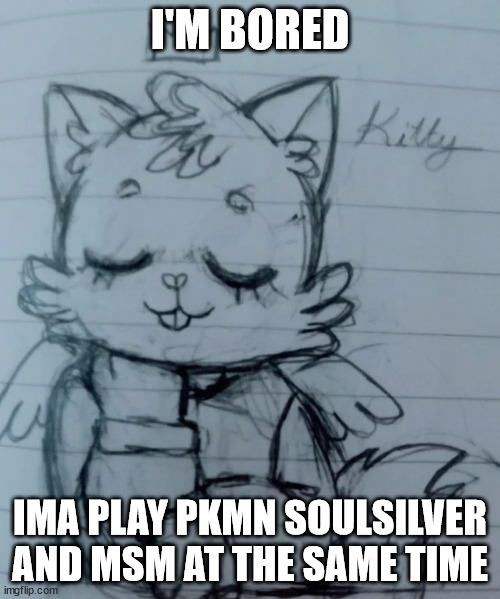 kitty think about smth | I'M BORED; IMA PLAY PKMN SOULSILVER AND MSM AT THE SAME TIME | image tagged in kitty think about smth | made w/ Imgflip meme maker