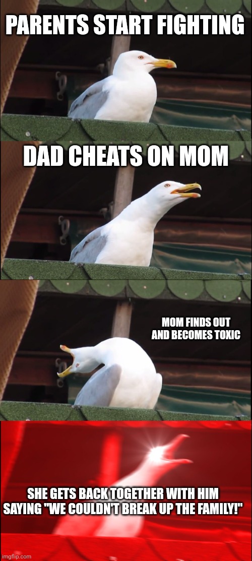 Inhaling Seagull | PARENTS START FIGHTING; DAD CHEATS ON MOM; MOM FINDS OUT AND BECOMES TOXIC; SHE GETS BACK TOGETHER WITH HIM SAYING "WE COULDN'T BREAK UP THE FAMILY!" | image tagged in memes,inhaling seagull | made w/ Imgflip meme maker