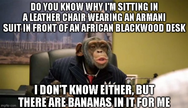 Smug Monkey | DO YOU KNOW WHY I'M SITTING IN A LEATHER CHAIR WEARING AN ARMANI SUIT IN FRONT OF AN AFRICAN BLACKWOOD DESK; I DON'T KNOW EITHER, BUT THERE ARE BANANAS IN IT FOR ME | image tagged in let me tell you a thing or two | made w/ Imgflip meme maker