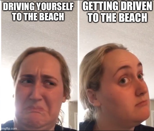 Kombucha Girl | GETTING DRIVEN TO THE BEACH; DRIVING YOURSELF TO THE BEACH | image tagged in kombucha girl | made w/ Imgflip meme maker