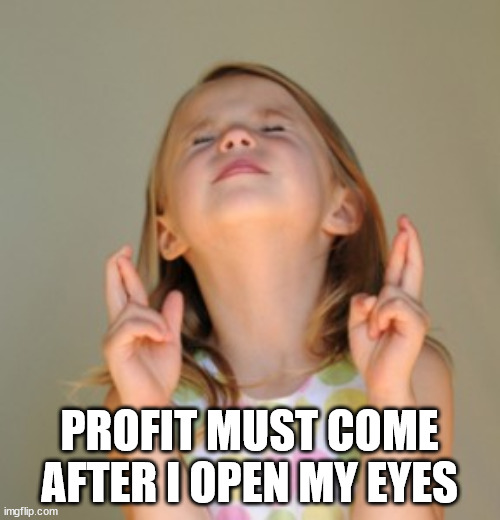 fingers crossed | PROFIT MUST COME AFTER I OPEN MY EYES | image tagged in fingers crossed | made w/ Imgflip meme maker