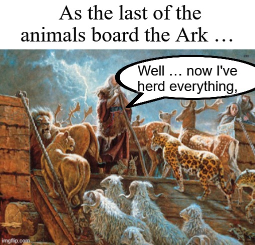 Noah loading animals on ark | As the last of the animals board the Ark …; Well … now I've herd everything, | image tagged in noah loading animals on ark,noah's ark,animals,bad puns | made w/ Imgflip meme maker